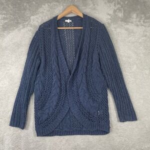 Garnet Hill Cardigan Womens Large Blue Linen Blend Open Cable Knit Pointelle